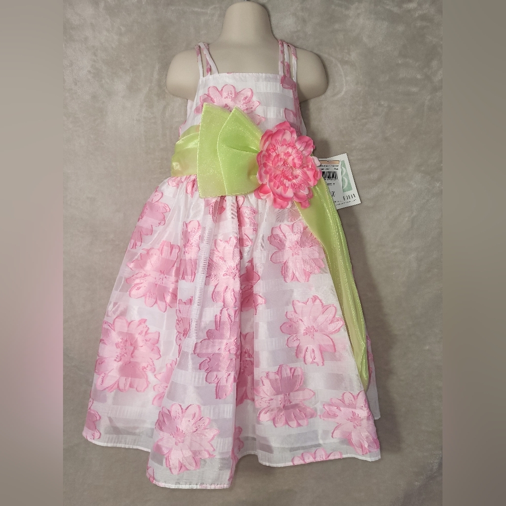 Bonnie Jean White and Pink Floral Dress with Green Sash